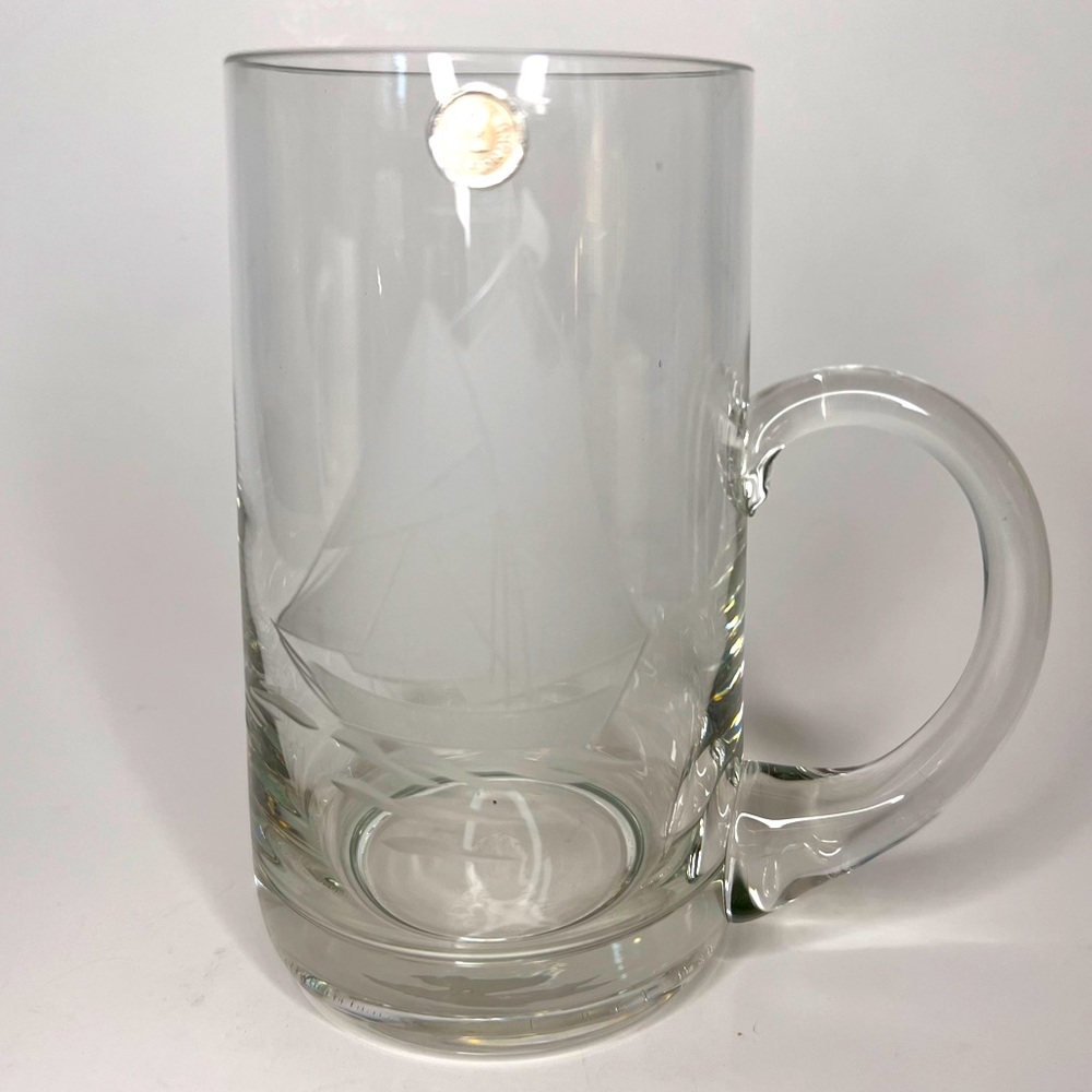 Vintage Sailboat Clear Cut Glass Made In Romania Beer Stein